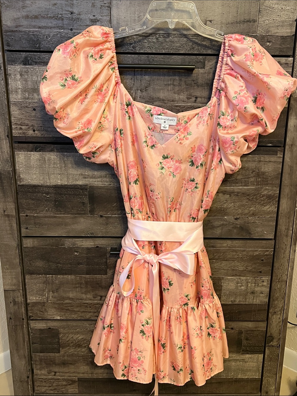 LoveShackFancy Target Cecile Pink Floral Puff-Sleeve Dress with Satin Waist Sash